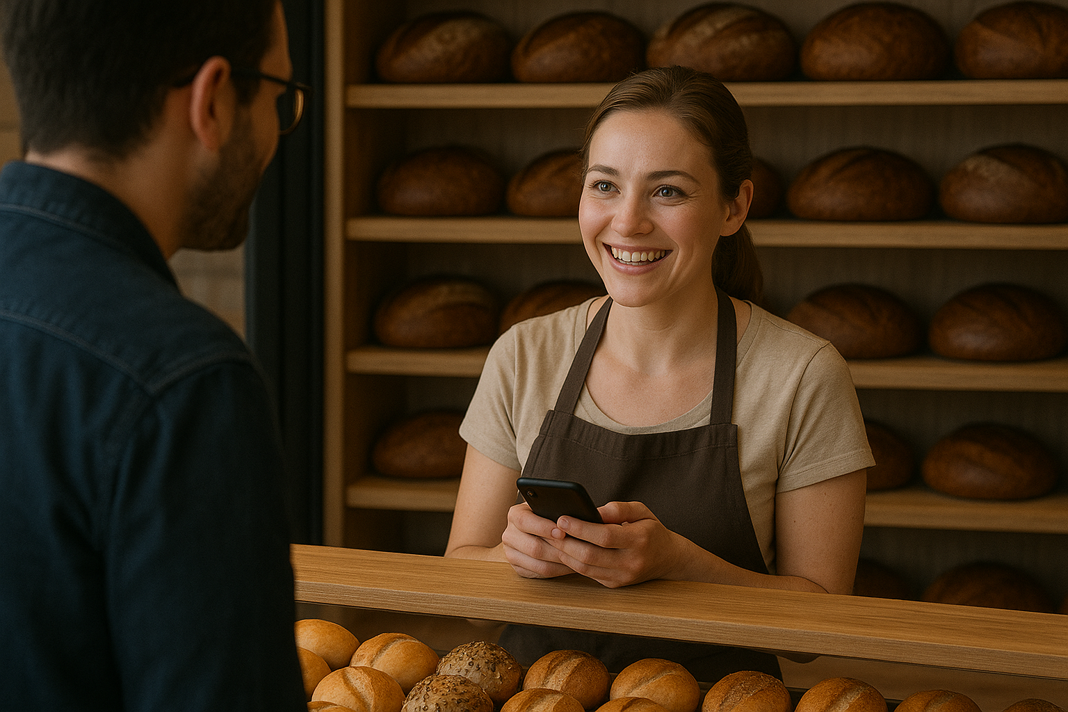 Bäckerei-Verkäuferin kassiert mit Smartphone