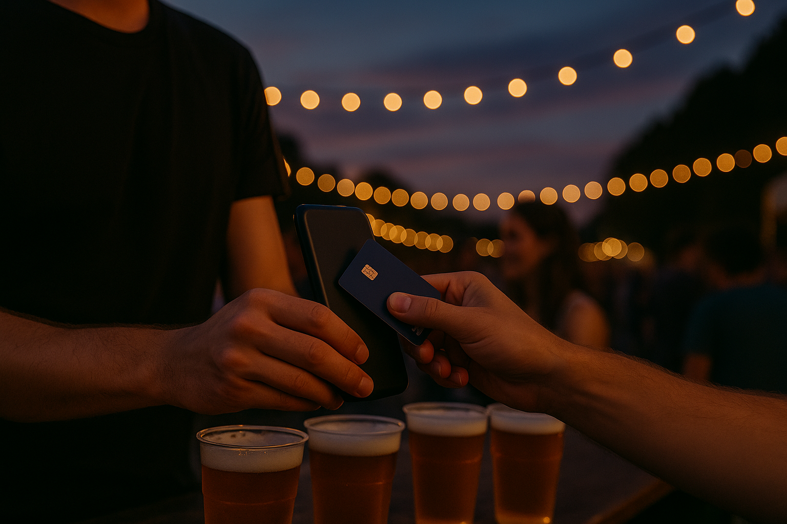 Kontaktlose Kartenzahlung am Smartphone bei einem Abendfest