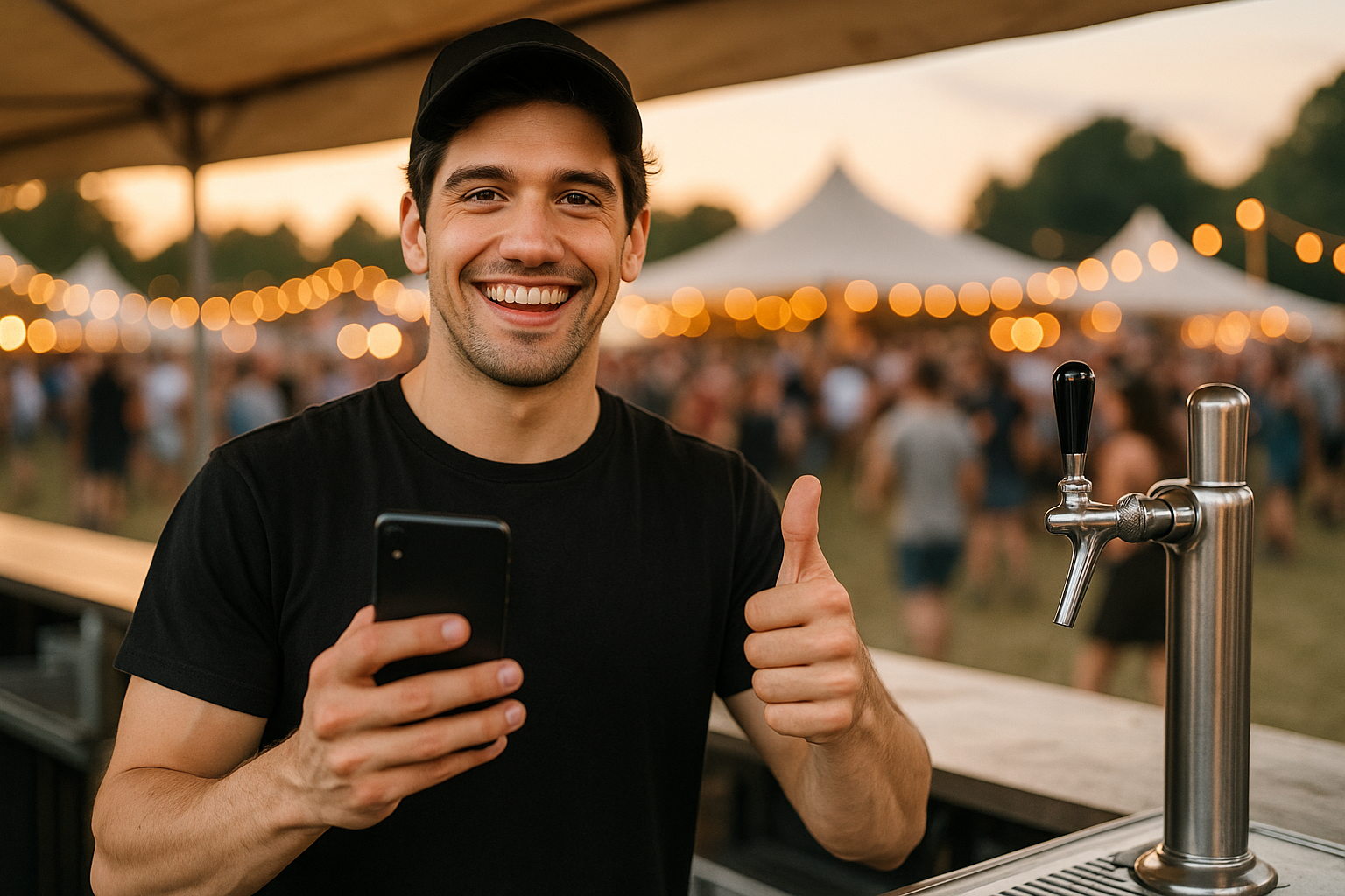 Kellner mit Smartphone auf einem Zeltfest